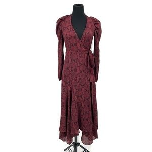 ALC RED SNAKESKIN SILK LONG PUFF SLEEVE RED HOLIDAY TIANNA WRAP MIDI DRESS